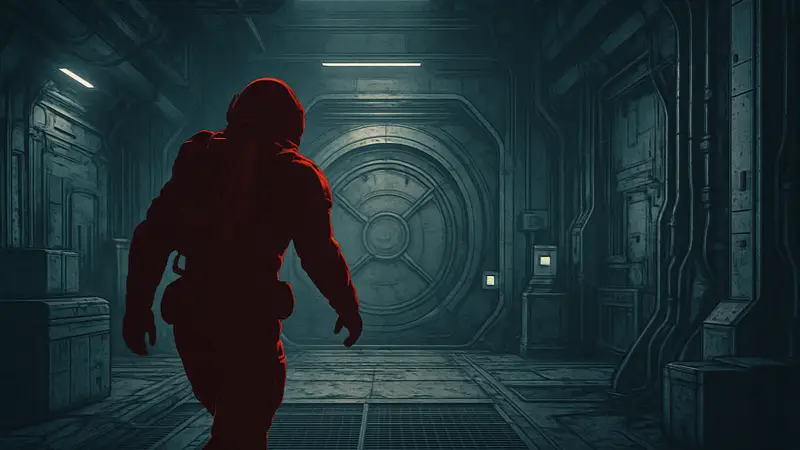 Скриншот Starfield с главным героем, проникающим в хранилище космопорта