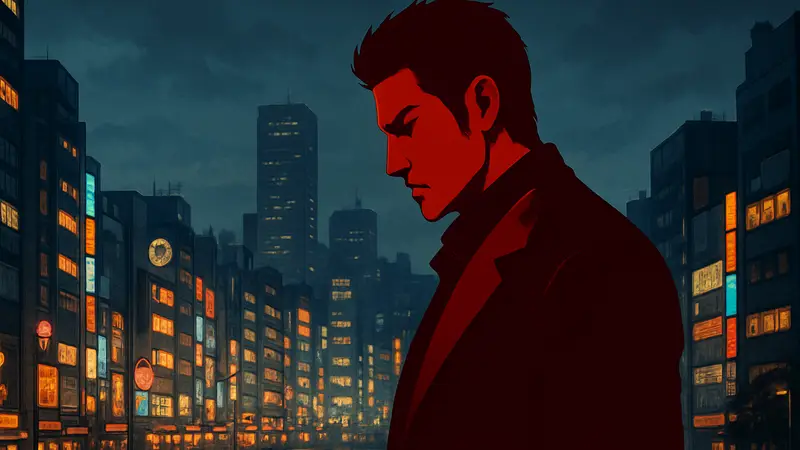 Главный герой серии Yakuza, Кирю Казума, в драматичной позе на фоне городской панорамы.