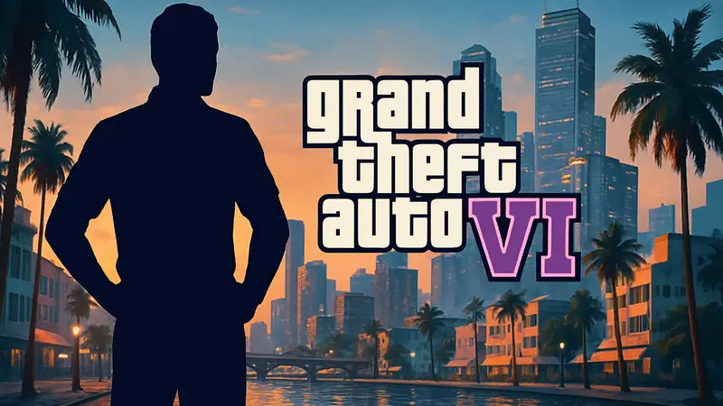 Логотип игры Grand Theft Auto VI на фоне города Вайс-Сити.