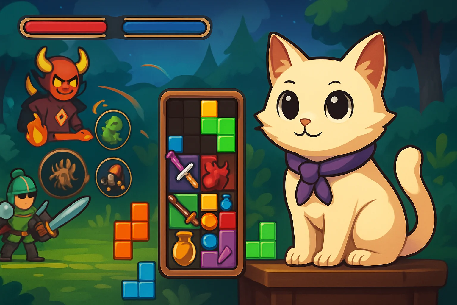 Скриншот из игры Turnbound, демонстрирующий интерфейс автобаттлера и элементы Tetris с изображением кота.