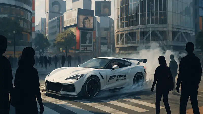 Игровой процесс Forza Horizon 5: дрифт автомобиля на перекрестке Сибуя.