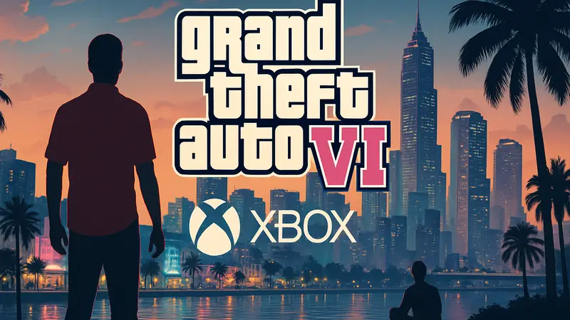 Логотип GTA VI на фоне города Вайс-Сити, с надписью Microsoft Xbox.