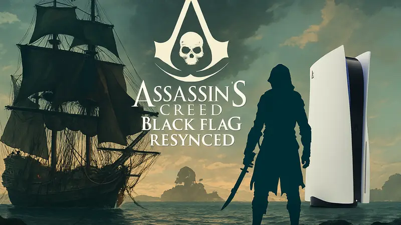 Логотип Assassin's Creed: Black Flag Resynced, пиратский корабль, PlayStation 5.