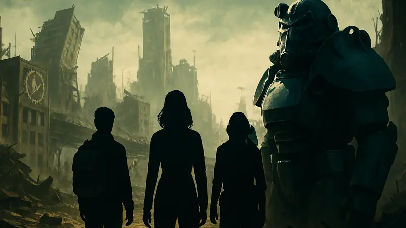 Постер второго сезона сериала Fallout с главными персонажами на фоне разрушенного города.