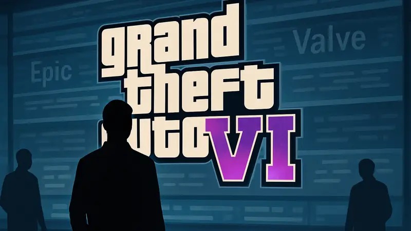 Логотип GTA VI на фоне новостной ленты с упоминаниями Epic Games и Valve