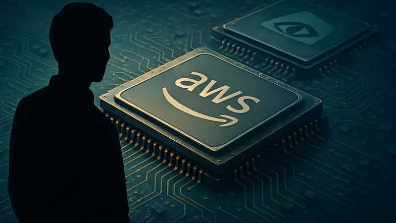 Логотип Amazon Web Services (AWS) на фоне ИИ-чипа, символизирующего конкуренцию с Nvidia