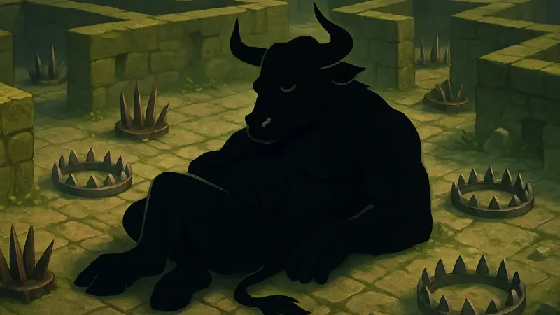 Игровой скриншот: Минотавр спит в центре лабиринта, вокруг видны расставленные шипы и ловушки.