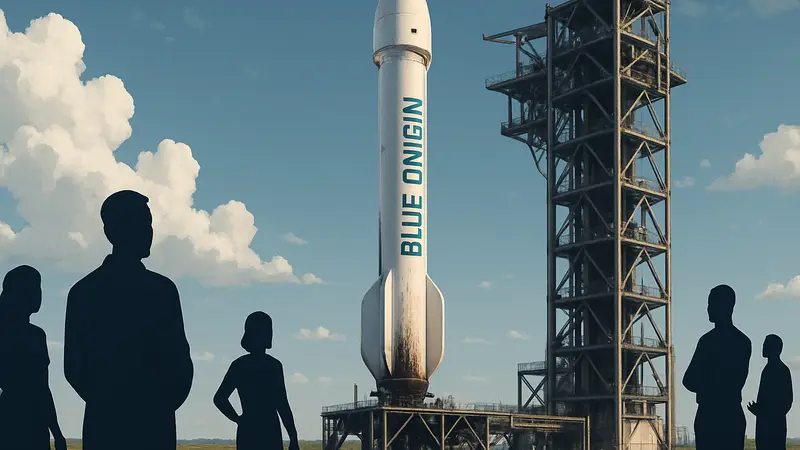 Ракета Blue Origin New Glenn на стартовой площадке после успешного запуска и посадки.