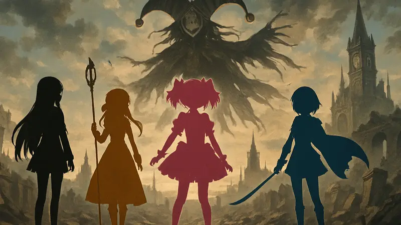 Постер аниме "Mahou Shoujo Madoka Magica: Walpurgis no Kaiten" с главными героинями.