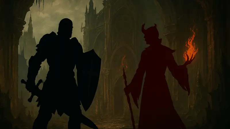 Изображение Паладина и Чернокнижника из Diablo 4 Lord of Hatred, стоящих друг напротив друга.