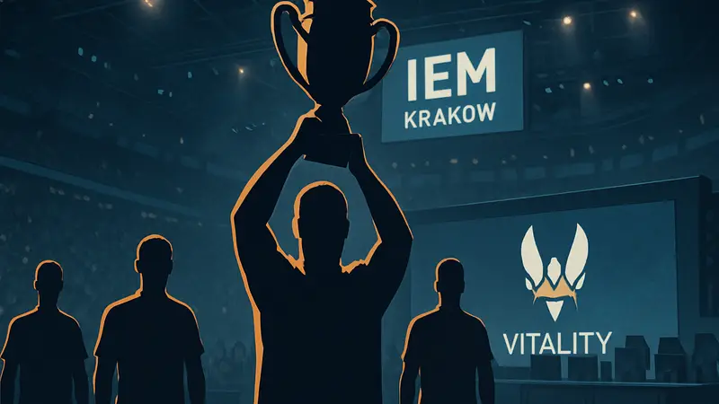 Киберспортсмены Vitality с кубком IEM Krakow 2026, на переднем плане ZywOo