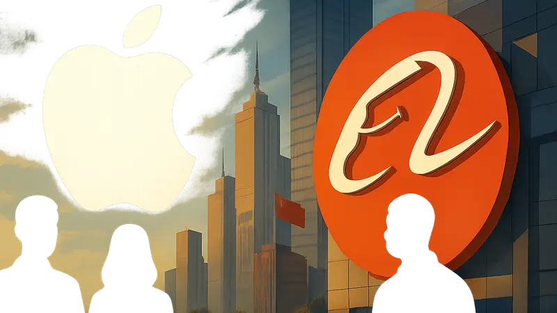 Логотипы Apple и Alibaba, символизирующие партнёрство и запуск Apple Intelligence в Китае.