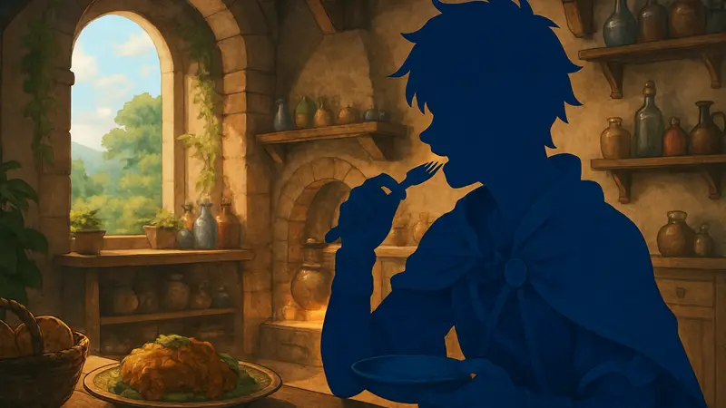 Главный герой Atelier Karia: The Night Kingdom & the Guide of Memories на PS5, возможно, в процессе поедания еды или с изменённой внешностью.