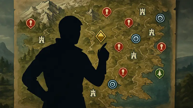 Интерактивная карта региона Делесия из игры Crimson Desert с обозначенными точками интереса.