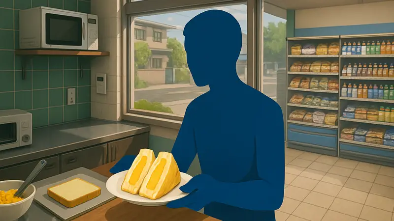 Скриншот из Konbini Sim на PS5: игрок готовит яйца сандо в японском магазине.