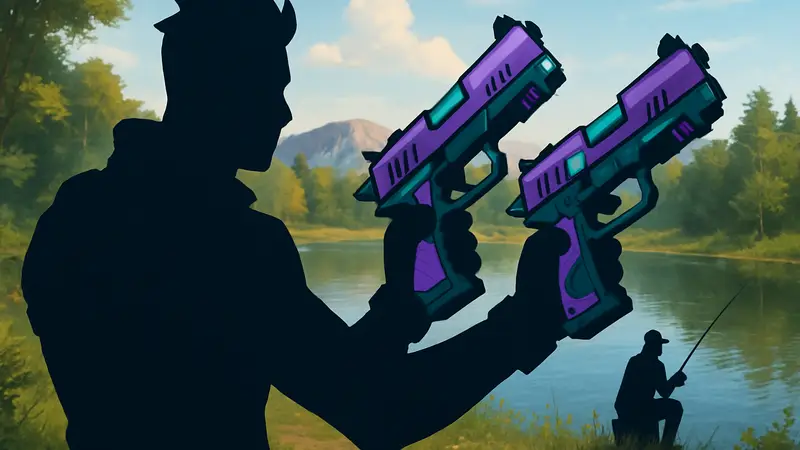Персонаж Fortnite держит Hop Rock Dualies, на фоне рыбалки на водоёме