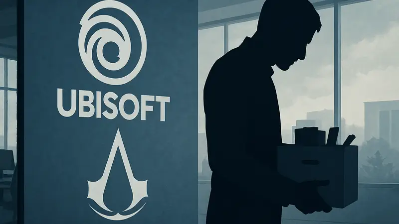 Логотип Ubisoft и Assassin’s Creed на фоне силуэта разработчика, символизирующего увольнение.