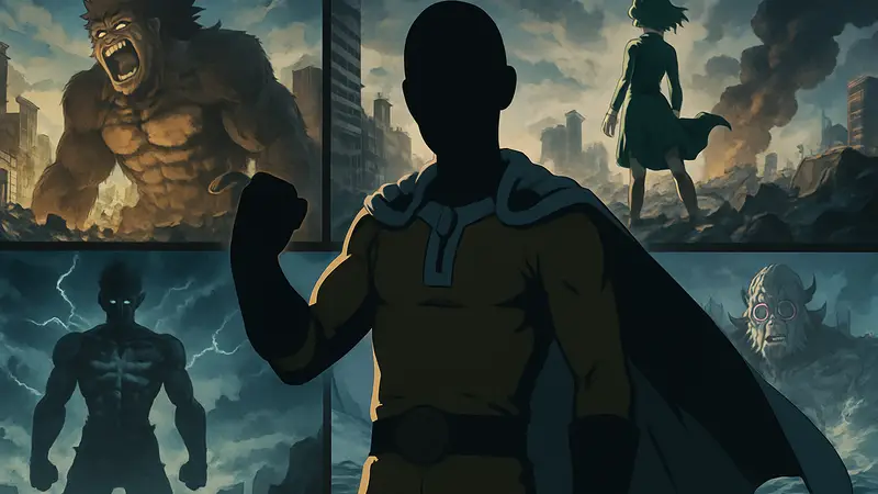 Сайтама из аниме One-Punch Man в своей характерной позе, кадры из лучших эпизодов аниме