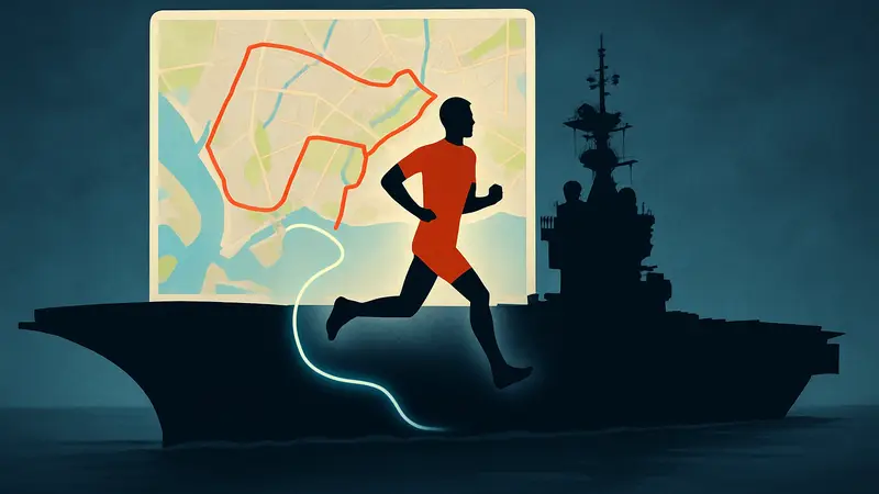 Изображение карты Strava с маршрутом пробежки, наложенное на контур авианосца, символизирующее утечку данных.