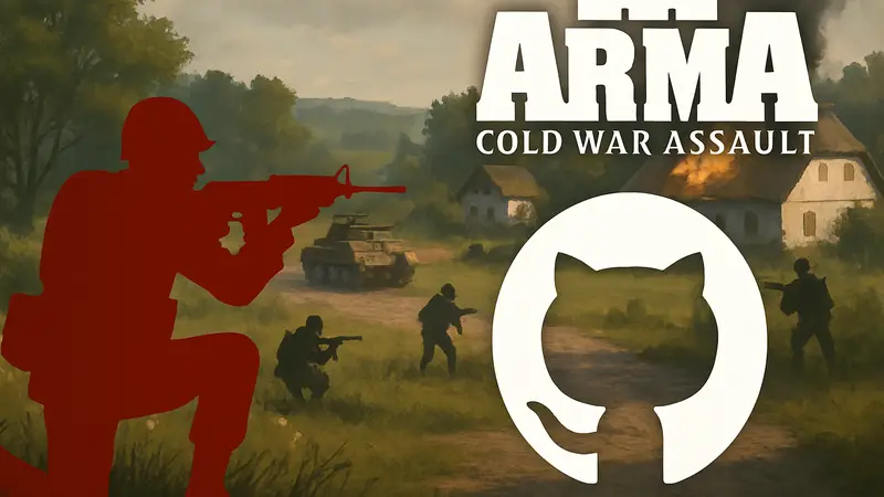 Логотип игры Arma: Cold War Assault и символ исходного кода GitHub на фоне игрового процесса Operation Flashpoint.