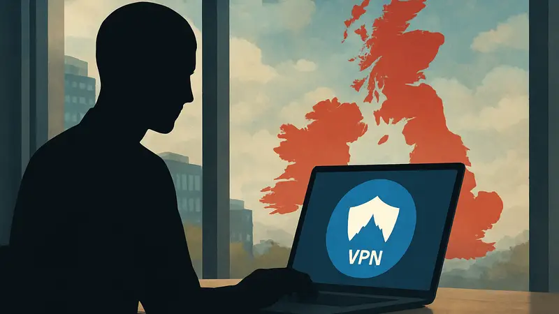 Логотип VPN-сервиса и карта Великобритании, символизирующие доступ к контенту