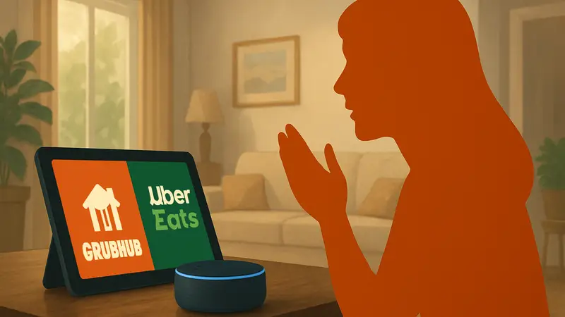 Девушка, заказывающая еду через Alexa Plus, рядом планшет с логотипами Grubhub и Uber Eats.