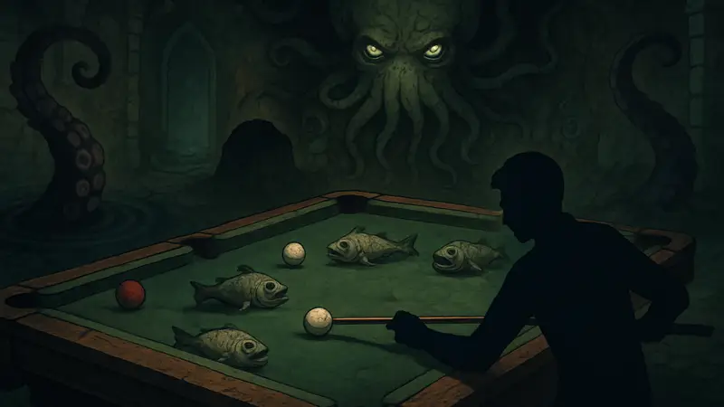 Скриншот геймплея Pool of Madness с бильярдным столом, аномалиями и элементами Лавкрафтовского ужаса.