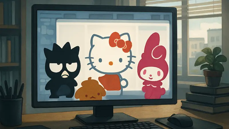 Изображение Hello Kitty и других персона жей Sanrio на рабочем столе из приложения Desktop Mate