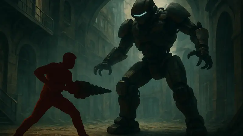 Кадр из трейлера Artificial Detective, где персонаж атакует робота огромной дрелью.