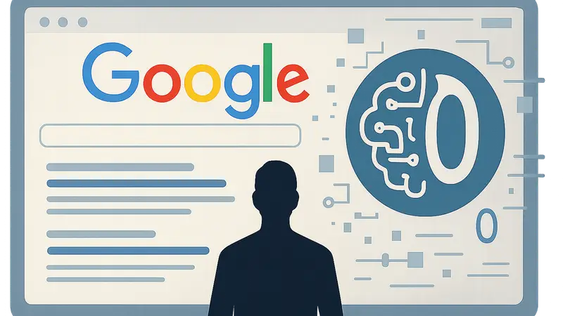 Логотип Google с элементами искусственного интеллекта и концепция «Google Zero» на фоне поисковой выдачи