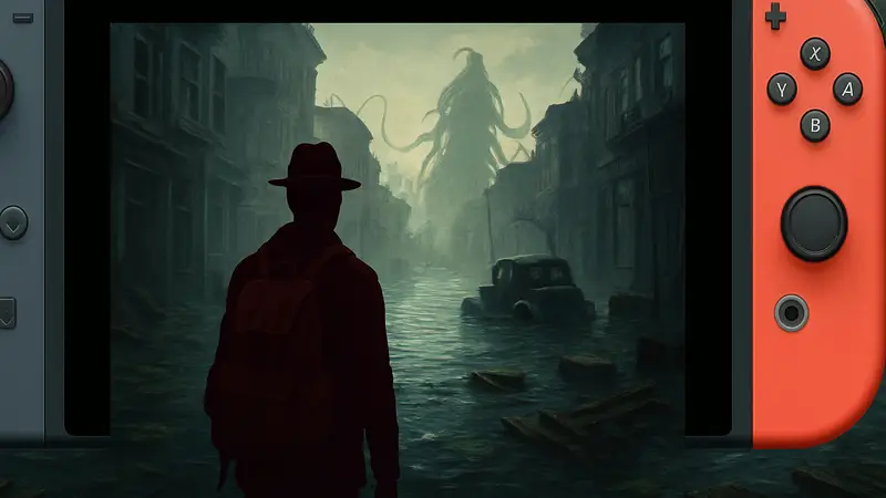 Игровой скриншот The Sinking City, показывающий героя в затопленном городе Окмонт на Nintendo Switch