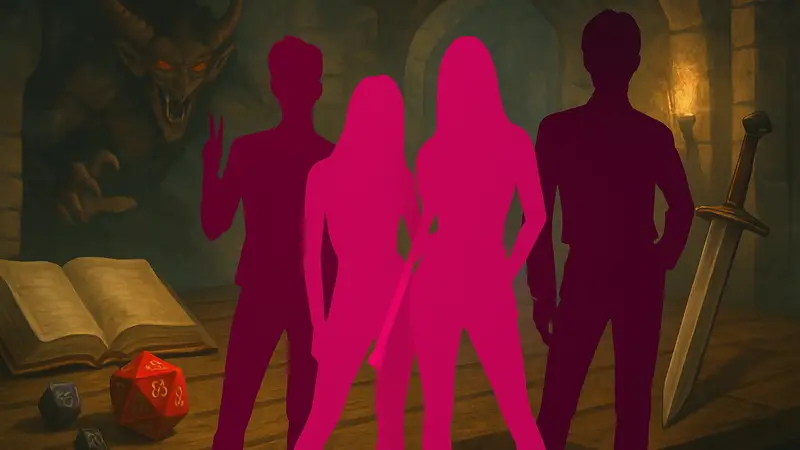 K-Pop группа, стилизованная под охотников на демонов, на фоне атрибутов Dungeons & Dragons.