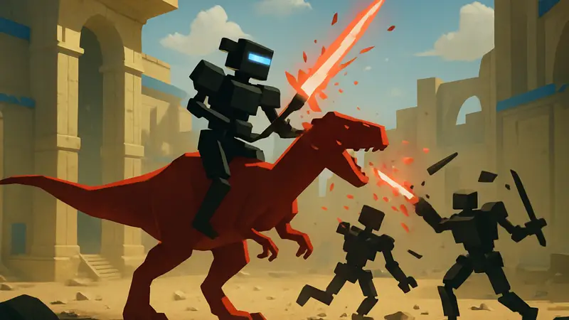 Скриншот игры Clone Drone in the Danger Zone с роботом на динозавре, рубящим других роботов