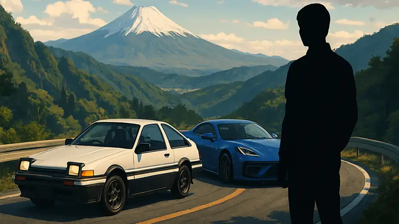 Обложка Forza Horizon 6 с машинами, стилизованными под Initial D, на фоне японских гор, отражающая вдохновение аниме.