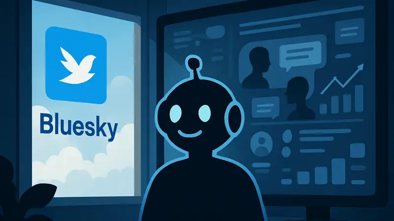Логотип Bluesky и стилизованное изображение ИИ-ассистента Attie с данными из соцсетей.