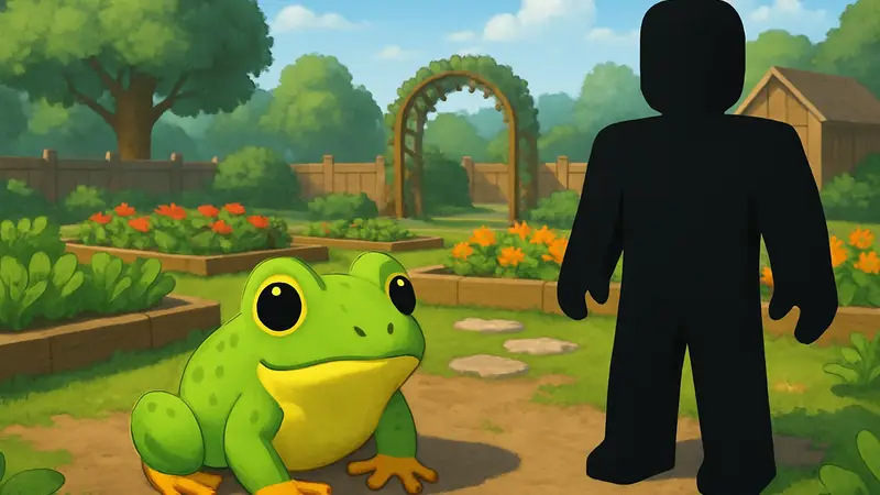 Лягушка в Roblox Grow a Garden 2 на фоне ухоженного виртуального сада