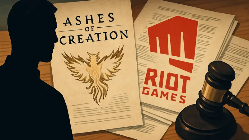 Логотипы Ashes of Creation и Riot Games на фоне судебных документов