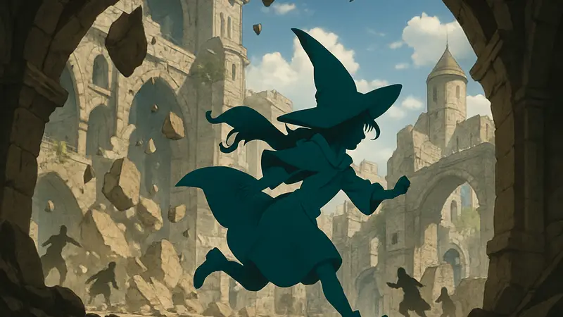 Кадр из 5 эпизода аниме «Ателье колдовских шляп» с главной героиней Коко в динамичной сцене.