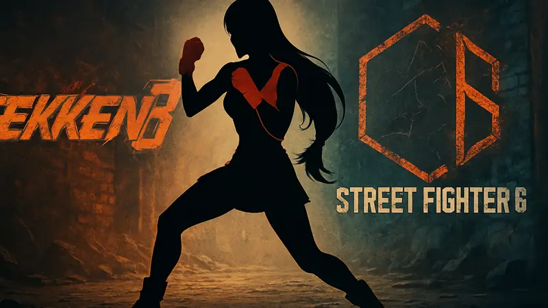 Тифа Локхарт из Final Fantasy 7 в боевой позе на фоне логотипов Tekken 8 и Street Fighter 6