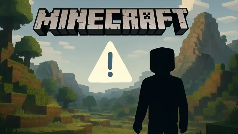 Логотип Minecraft на фоне игрового мира, символ ошибки сервера.