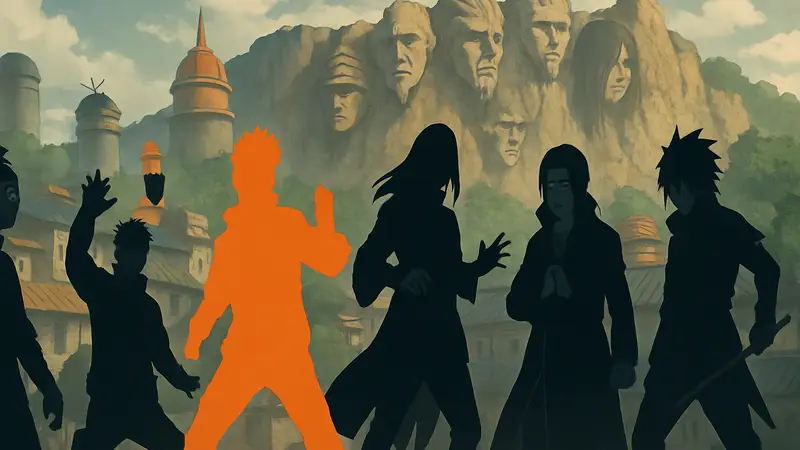 Изображение шести главных злодеев Naruto (Обито, Пейн, Орочимару, Мадара, Итачи, Саске Учиха) в боевых позах.