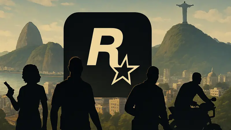 Логотип Rockstar Games на фоне силуэтов персонажей GTA в Бразилии