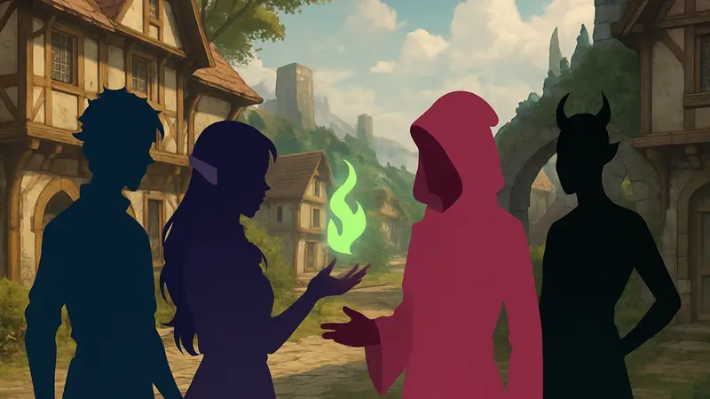 Кадр из Arcadia Fallen II: магические персонажи взаимодействуют в фэнтезийном мире визуальной новеллы.