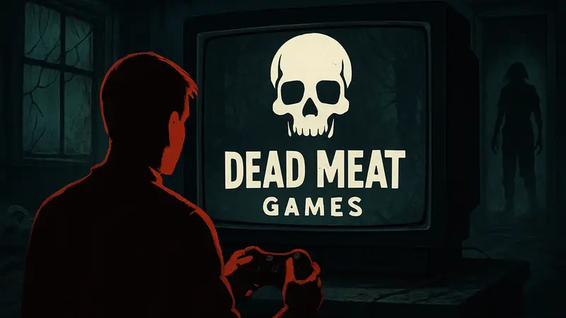 Логотип Dead Meat Games на фоне мрачного игрового экрана, символизирующий хоррор-контент