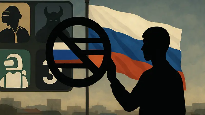 Схематичное изображение с логотипами игр и российским флагом, обозначающее цензуру