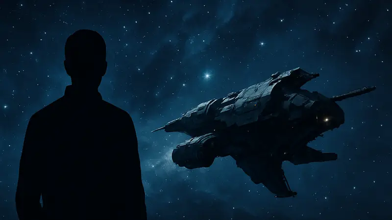 Логотип EVE Online и космический корабль на фоне звёздного неба.