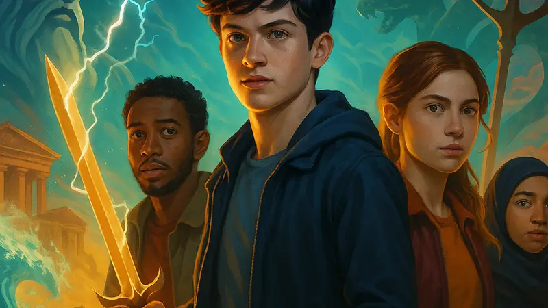 Перси Джексон с героями из сериала Disney на фоне мифологических элементов.