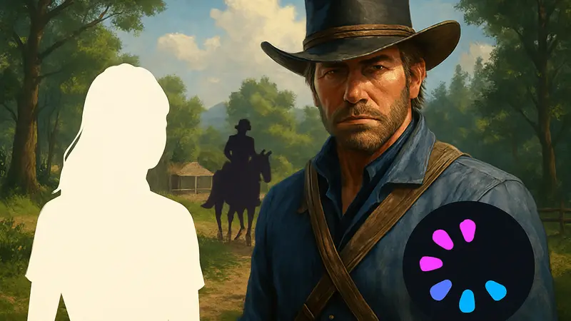 Арт Артура Моргана из RDR2 с подписью, стилизованной под сервис Cameo, на фоне игровой сцены.