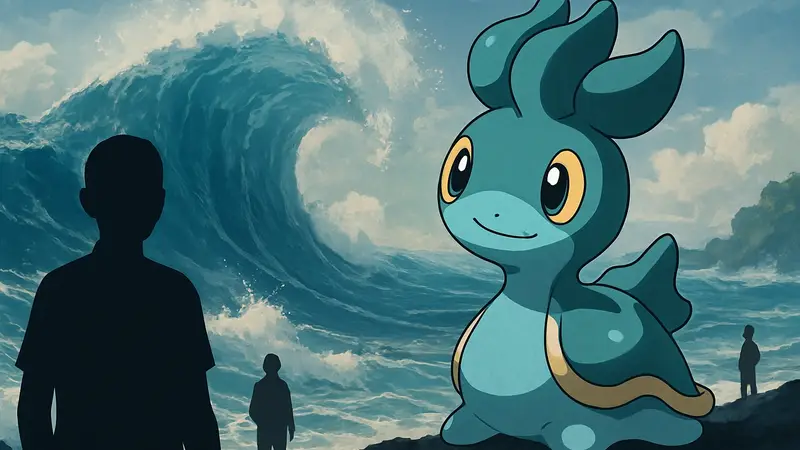 Покемон Шеллас (Shellos) на фоне морской волны, анонс нового покемона в Pokopia Winds and Waves.