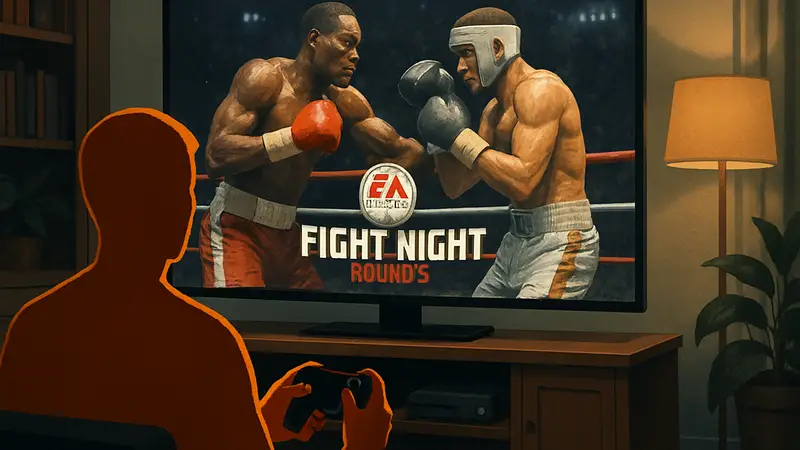 Игрок наслаждается боксёрским симулятором Fight Night Round 3 на консоли.